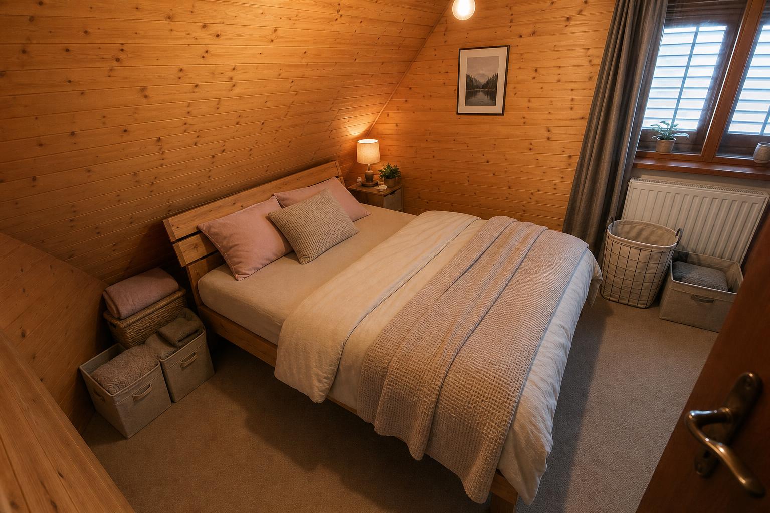 Room Reset concept of the same attic bedroom with the room shell preserved, a made bed, warmer light, and practical storage.