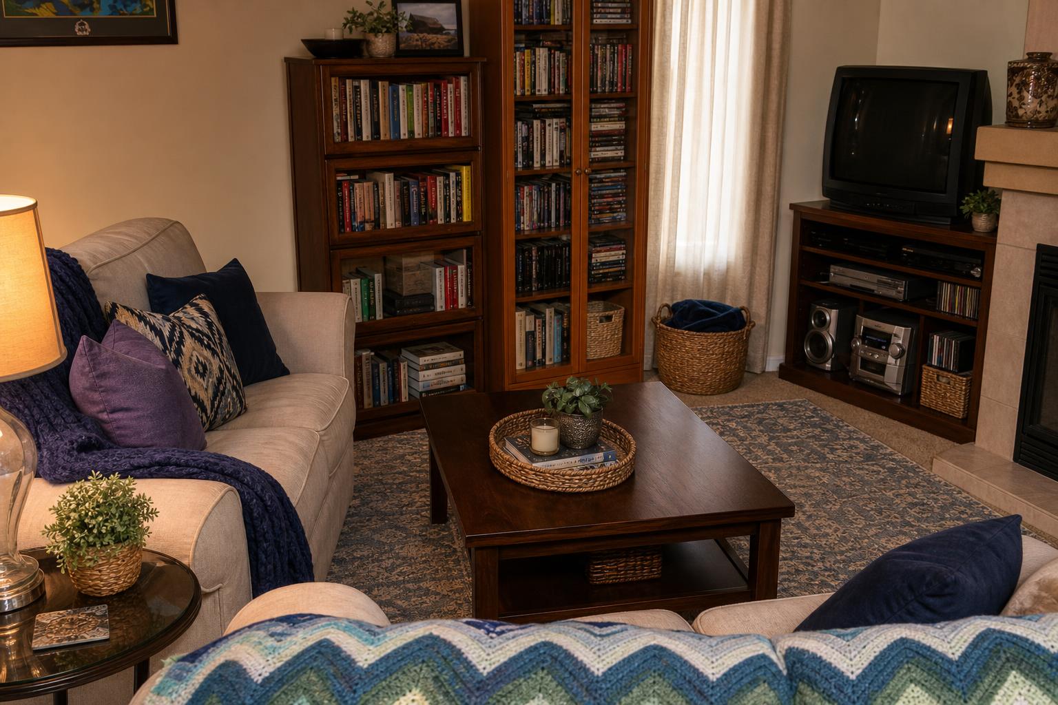 Room Reset concept of the same living room with clutter contained, bookshelf organized, and warmer seating area styling.