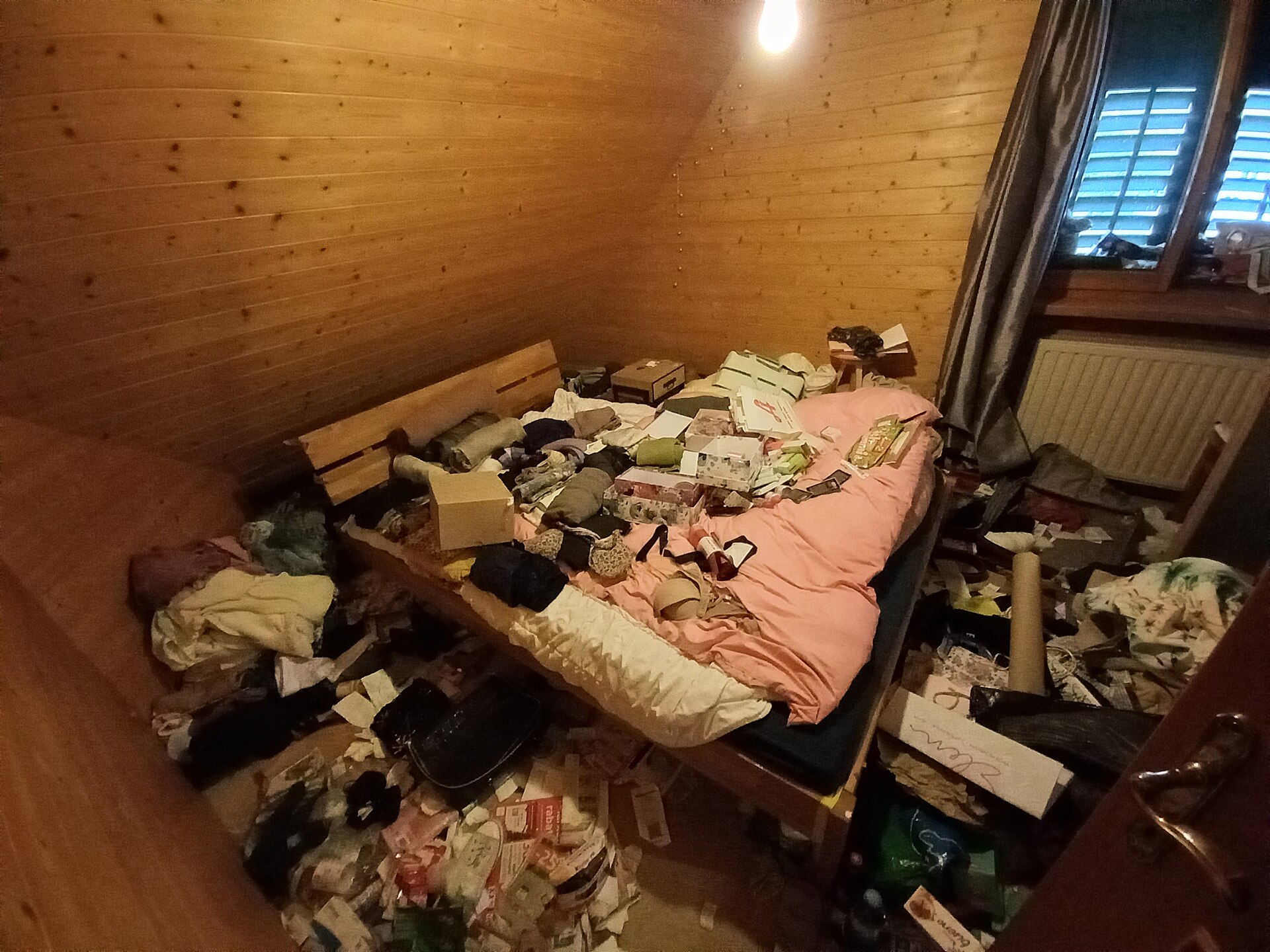 Before bedroom example with severe clothing clutter, boxes, and blocked floor space.